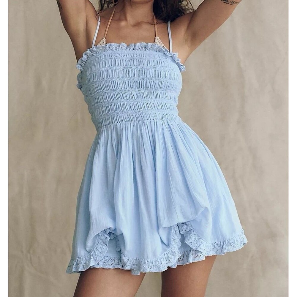 Free People Free-est Josephine Bustle Tube Mini Dress Smocked Ruffle XL 285056 - Picture 2 of 8